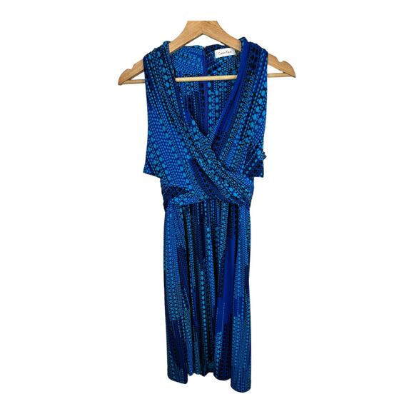 Calvin Klein Womens size 6 Matte Jersey Halter Dress Blue Geometric Print NEW - Picture 1 of 11